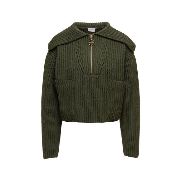 Patou 100% wool Sailor Collar Sweater 1/2 zip cropped army green size large L - Picture 4 of 14